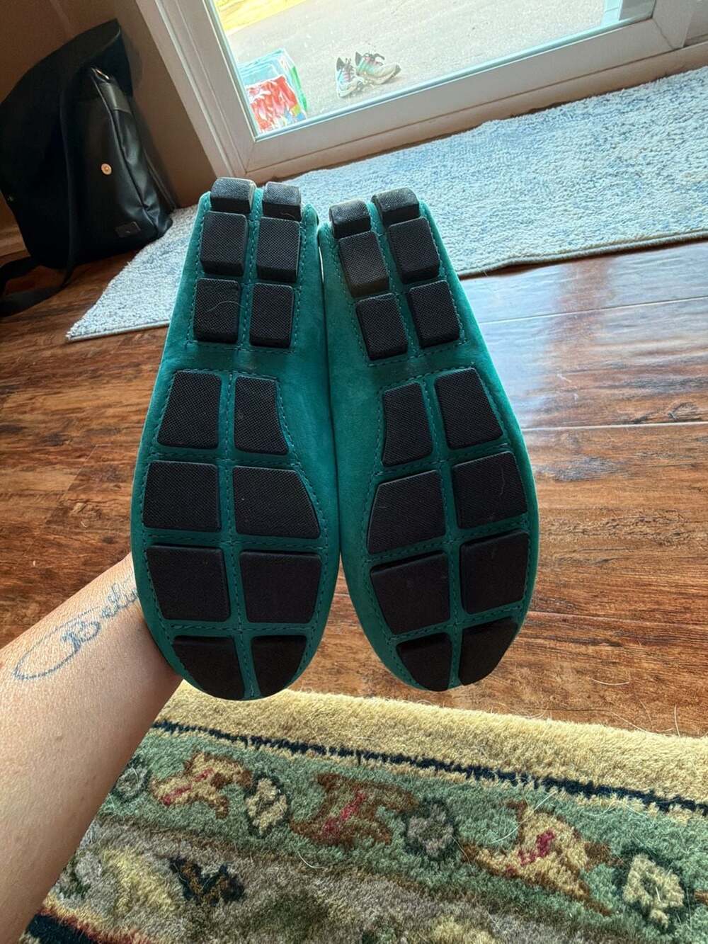 Saks Fifth Avenue Teal Green Suede Driving Moccasin Loafers with Bow Details - Picture 2 of 7
